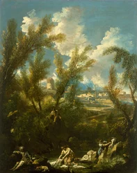 Landskab med vaskekone, ca. 1715