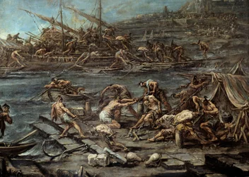 Ombordstigningen af galerianerne i havnen i Genes Detail. Maleri af Alessandro Magnasco (1667-1749). Svag. 1,16 x 1,42. Bordeaux, Museum of Fine Arts