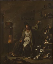 Un alchimiste - An Alchemist, af Magnasco, Alessandro, dit Il Lissandrino (1667-1749). Olie på lærred. Mål: 71,5x59,5 cm. Nationalmuseum Stockholm