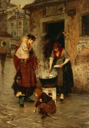 Muslingesælger i Venedig, af Alessandro Milesi (1856-1945), olie på lærred, 91x65 cm. Italien, 20. århundrede.