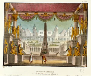 Et lækkert sted: udsigt fra det indre af et tempel med statuer Scenografi til balletten "" Octavian in Egypt "" af den italienske koreograf Giovanni Galzerani (1780-1865) (1828). Litografi i "" Alexanders samling af naturskønne opfindelser fra 1830