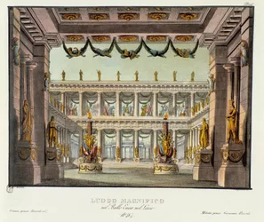 Et storslået sted: udsigt over et tempel Scenografi til gengivelse af det lyriske drama "" Enea nel Lazio "" (1799) af Giuseppe Sarti. Litografi i "" Samling af naturskønne opfindelser fra 1830 af Alessandro Sanquirico (1777-1849) ". Privat Milanese
