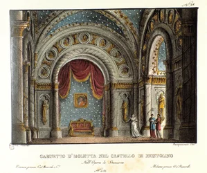 Isolettas kabinet på Montolino Slot i Bretagne Scenografi til opførelsen på Teatro alla scala i 1829 af operaen "La straniera" "(1828) af Vincenzo Bellini. Litografi i "" Samling af naturskønne opfindelser fra 1830 af Alessandro Sanquirico