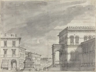 Piazza med et ridemonument og et palads