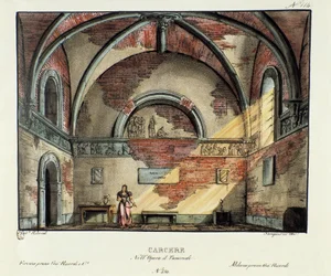 Fængselscellescenografi til opførelsen i Milano i 1829 af operaen "Tancredi" "(eller Tancrede) af Gioacchino Rossini (eller Gioachino) (1813) efter Voltaires stykke "Tancrede". Litografi i "" Samling af naturskønne opfindelser fra 1830 af Alessandro Sanq