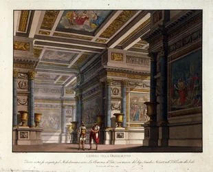 Scenografi af Alessandro Sanquirico (1777-1849) til "La Clemence de Tito" af Wolfgang Amadeus Mozart (1756-1791) klatrer til La Scala i Milano i 1819 og repræsenterer rummet i Titos kongelige palads