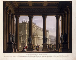 Scenografi af Alessandro Sanquirico (1777-1849) til "The Clemence of Tito" af Wolfgang Amadeus Mozart (1756-1791) klatrer til La Scala i Milano i 1819 og repræsenterer atriumet i Jupiters tempel Stator Stator: Sextus er stoppet; at bevare Viterli