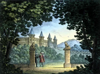 Scenografi af Sanquirico til operaen "Anna Bolena" af Gaetano Donizetti. Carcano Teater, Milano