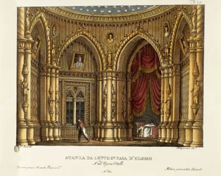 Soveværelset til Elmire (eller Elmiro) Scenografi til operaen "" Otello"" af Gioacchino Rossini (eller Gioachino) (1816) efter William Shakespeares stykke "Othello or the Moor of Venice") 1830 (litografi)