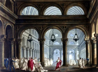 Templet i Irminsul i operaen "" Norma"" af Vincenzo Bellini (1801 - 1835): Scenografi af Sanquirico til forestillingen på teatret La Scala i Milano i 1833.