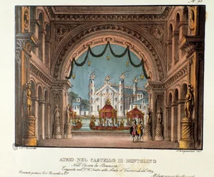 Forhallen på slottet Montolino i Bretagne Scenografi til opførelsen på Teatro alla scala i 1829 af operaen "La straniera" "(1828) af Vincenzo Bellini. Litografi i "" Samling af naturskønne opfindelser fra 1830 af Alessandro Sanquiri