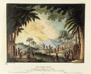 Udsigt over en lækker dal på tidspunktet for erobringen af den nye verden af den spanske scenografi til balletten "" Gli spagnoli nel Peru"" af den italienske koreograf Giovanni Galzerani (1780-1865) (1828). Litografi i "" Raccolta di invenzioni sceniche d
