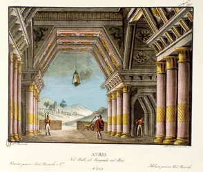 Udsigt over et stort paladsrum Scenografi til balletten "" Spanierne i Peru "" af den italienske koreograf Giovanni Galzerani (1780-1865) (1828). Litografi i "" Samling af naturskønne opfindelser fra 1830 af Alessandro Sanquirico (1777-1849) ". Milanesisk 