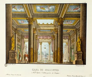Udsigt over House of Salustio (Saluste) Scenografi til repræsentationen af ​​Giovanni Pacinis "The Last Day of Pompei" (The Last Day of Pompei). Litografi i "" Samling af naturskønne opfindelser fra 1830 af Alessandro Sanquirico (1777-1849) ". Milano