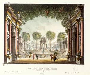 Udsigt over det kongelige hof i Djengis Khans palads Scenografi til balletten "" Genis-Kan "" af den italienske koreograf Giovanni Galzerani (1780-1865) (1828). Litografi i "" Samling af naturskønne opfindelser fra 1830 af Alessandro Sanquirico (1777-1849)