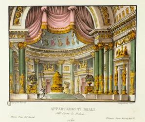 Udsigt over Dronningen af Karthago Didons kongelige palads Scenografi til gengivelse af den lyriske tragedie "" Didone" (Didon) (1783) af komponisten Niccolo Vito Piccinni (eller Piccini) efter operaen Metastasio (Metastase). Litografi i "" Racco