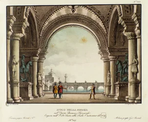 Udsigt over kongeslottets sal Scenografi til repræsentationen i 1829 af operaen "Bianca e Fernando" af Vincenzo Bellini (1826). Litografi i "" Samling af naturskønne opfindelser fra 1830 af Alessandro Sanquirico (1777-1849) ". Privat Milanese