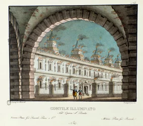 Udsigt over den store oplyste gårdsplads Scenografi til fremstilling af operaen Il pirata (Piraten) (1827) af Vincenzo Bellini. Litografi i "" Samling af naturskønne opfindelser fra 1830 af Alessandro Sanquirico (1777-1849) ". Milanesisk privat c