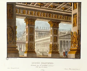 Udsigt over paladset, hvor offentlige høringer finder sted Scenografi til fremstilling af den lyriske tragedie "" Didone"" (Didon) (1783) af komponisten Niccolo Vito Piccinni (eller Piccini) efter operaen Metastasio (Metastase). Litografi i "" Raccolta
