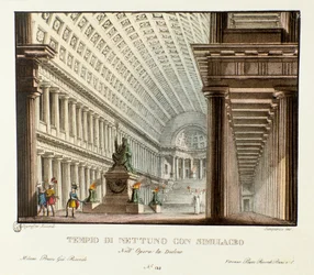Udsigt over Neptuntemplet Scenografi til gengivelse af den lyriske tragedie "" Didone "" (Didon) (1783) af komponisten Niccolo Vito Piccinni (eller Piccini) efter operaen Metastasio (Metastase). Litografi i "" Samling af naturskønne opfindelser d
