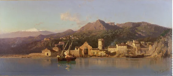 Udsigt over Taormina, Sicilien, med Etna i baggrunden, 1868