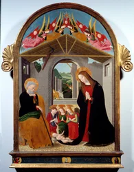 Fødselen. Maleri af Esiguo Maestro (1400-tallet). Olie på lærred. Mål: 0,88 x 0,57 m. Rouen, Museum of Fine Arts