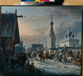 Russiske postslæder (trojka) cirkulerer i en gade om vinteren og hilser indbyggerne på deres vej (Gade med postvogne) - Maleri af Alexander Osipovich Orlowski (1777-1832)