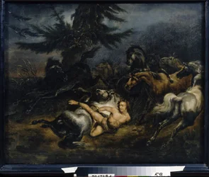 Ivan Mazepa (Jean Mazeppa) (1639-1709). Efter at være blevet fanget i flagrante delicto af utroskab, bliver han dækket med tjære og bundet nøgen på en vild hest, som fører ham ud til de ukrainske stepper. Maleri af Alexander Osipovich Orlowski (1777-1832),