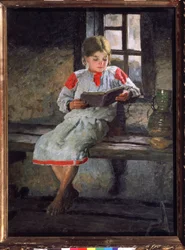En vidunderlig læsning. En lille pige sidder ved vinduet, opslugt af historien om sin bog. Maleri af Alexander Alexeyevich Kiselev (1855-efter 1918), olie på lærred, ca. 1890. Russisk kunst fra 1800-tallet. Staten Tretyakov Ga