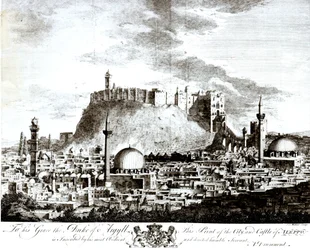 En udsigt over byen og slottet i Aleppo, Syrien, 1754