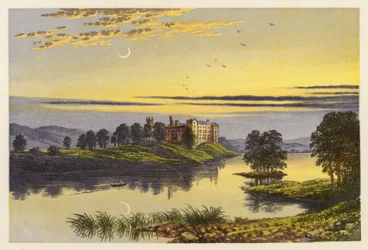 Skotsk Loch-landskab: Linlithgow Loch (farvelitografi)