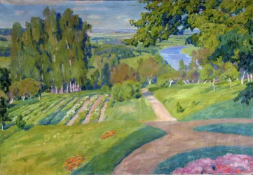 En landejendom. Maleri af Alexander Fyodorovich Gaush (1873-1947), olie på lærred, ca. 1910, russisk kunst, art nouveau. Regionalt M.Vrubel Kunstmuseum, Omsk (Rusland).