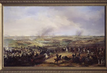 Folkeslaget ved Leipzig (Tyskland) i oktober 1813. (Eller slaget ved Leipzig, episode under den tredje koalition, felttoget i Tyskland under Napoleonskrigene). (1783-1844). Tysk kunst fra det 19. århundrede