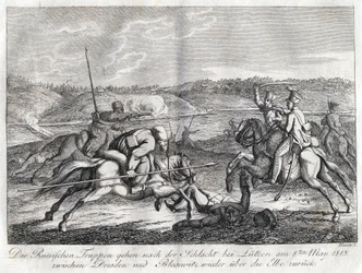 Russiske tropper går efter slaget ved Lutzen tilbage over Elben - Sauerweid, Alexander Ivanovich (1783-1844) - 1813 - Radering - 21x26 - Privat samling