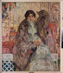 Kvinde med en ørneugle. Maleri af Alexander Ivanovich Savinov (1881-1942), olie på lærred