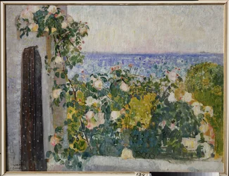 Blomster på balkonen i Rom (Italien). Maleri af Alexander Ivanovich Savinov (1881-1942), olie på lærred