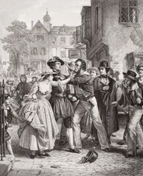 Pressebanden griber en vandmand på Tower Hill om morgenen på hans bryllupsdag, fra `Illustrationer af engelsk og skotsk historie