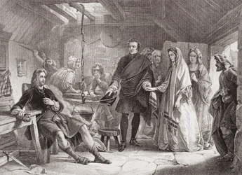 Det første møde mellem prins Charles og Flora Macdonald på øen South Uist, 1747, fra `Illustrationer af engelsk og skotsk historie