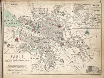 Kort over Paris ved udbruddet af den franske revolution, 1789, udgivet af William Blackwood and Sons, Edinburgh og London, 1848 (håndkoloreret gravering)