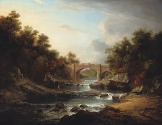 Udsigt over floden Almond, nær Edinburgh, med Almondell Bridge og en fisker