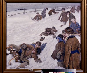 Vintersport (Vintersport). Slædescene, i en snedækket mark, varmt klædte børn, der hygger sig og griner højt. Maleri af Alexander Viktorovich (Alexander Victor) Moravov (1878-1951), olie på lærred