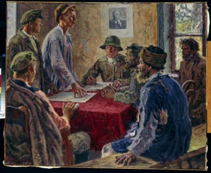 Et møde i fattigbønderudvalget i 1918 (Et møde i fattigbondeudvalget i 1918). Maleri af Alexander Viktorovich Moravov (Alexander Victor) (1878-1951), olie på lærred