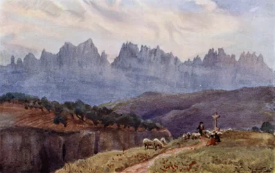 Montserrat-bjergene fra Manresa, nær Barcelona (farve litho)
