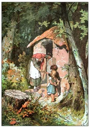 Illustration til Hans og Grete af Brødrene Grimm, ca. 1899 (offsettryk)