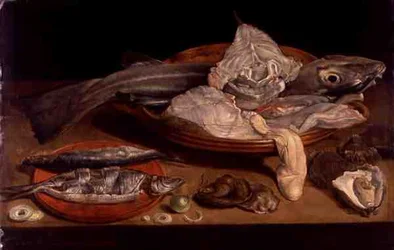 Stilleben med fisk og østers (olie på panel)