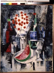 ""Stilleben med vase og flasker"" Skive vandmelon og kirsebær. Maleri af Alexandra Alexandrovna Exter (1882-1949) (konstruktivisme) 1914 Statens Friluftsmuseum Rostov Kreml, Rostov