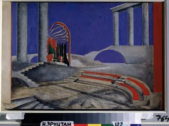Scenedesignanmeldelse for Edition Decors de Theatre. Værk af Alexandra Alexandrovna Exter (1882-1949), akvarel og gouache på papir, midten af ​​1920. Russisk scenografisk kunst, 20. århundrede. Co