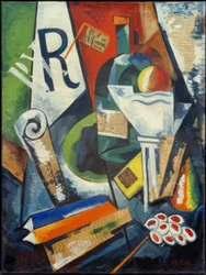 Stilleben med bøger og frugtskål