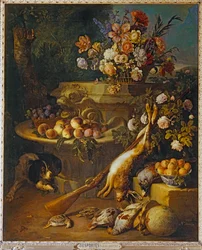 Gibier mort, fruits, fleurs et un chien - Dødt spil, frugter, blomster og en hund ...