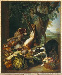 Gibier mort, legumes, fruits et deux chiens - Dødt vildt, grøntsager, frugt og to hunde ...